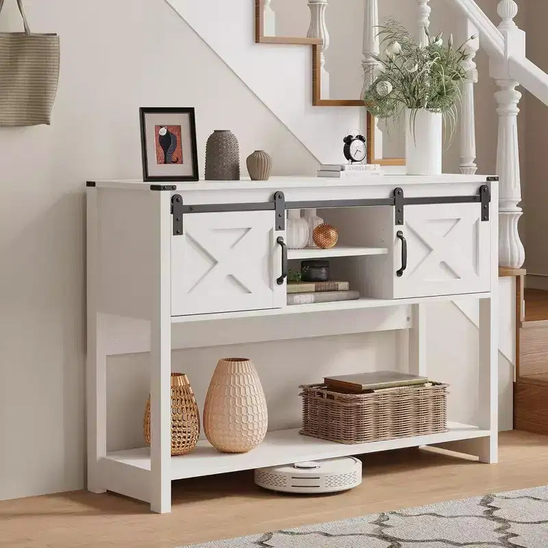 Farmhouse Entryway Console Table with Storage Shelves, Sliding Barn Door and Spacious Tabletop, White