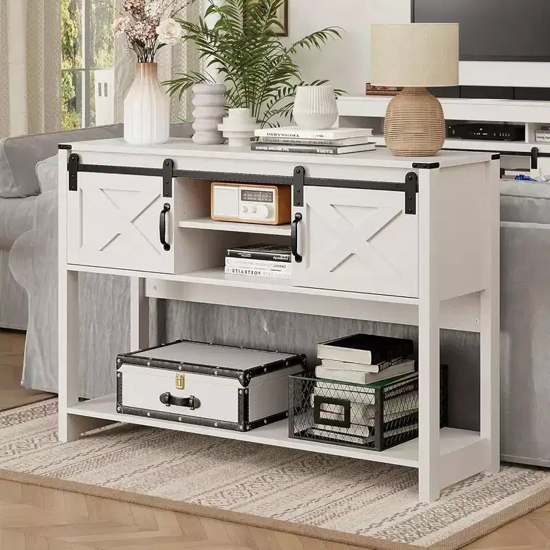 Farmhouse Entryway Console Table with Storage Shelves, Sliding Barn Door and Spacious Tabletop, White