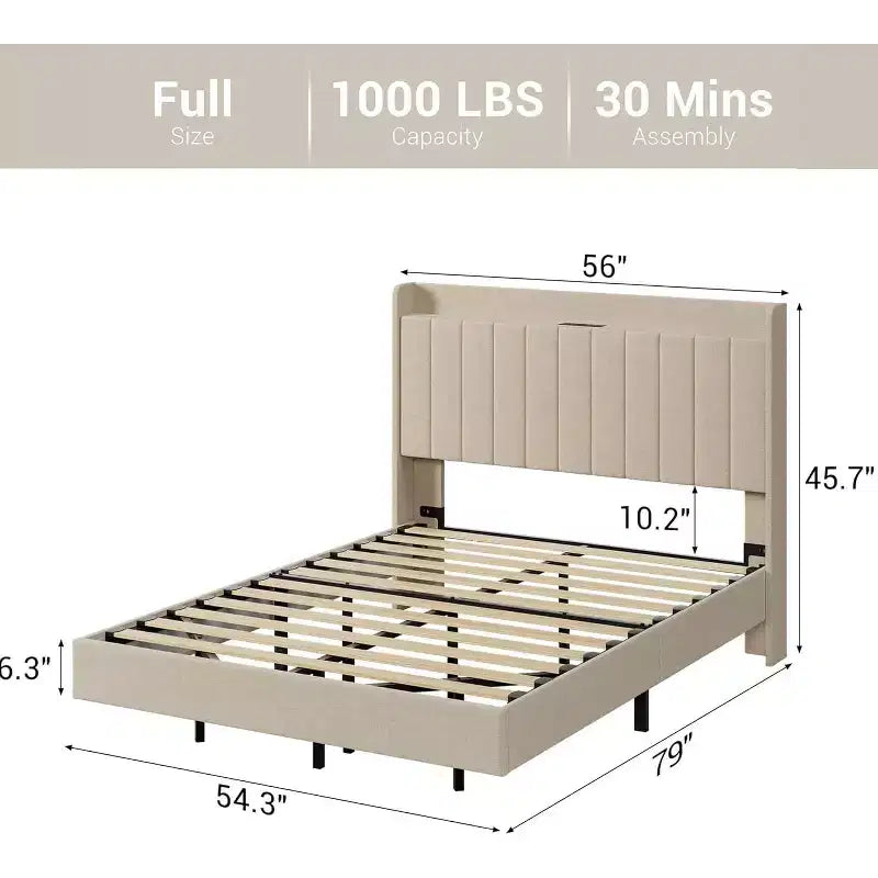 Floating Bed Frame with Storage Headboard, LED Lights, USB Charging Station, Solid Wood Slats, Beige, Noise-Free