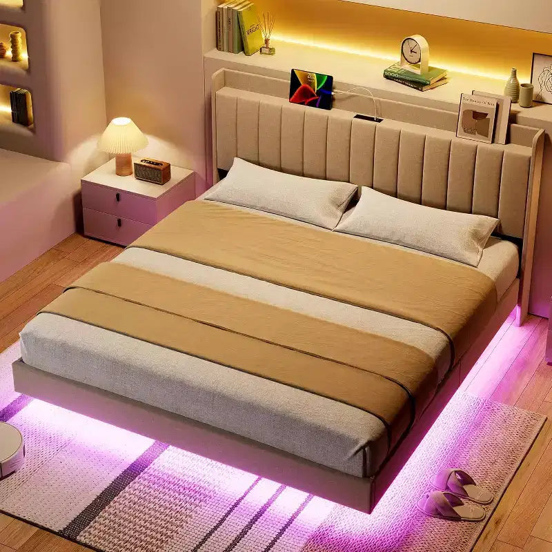 Floating Bed Frame with Storage Headboard, LED Lights, USB Charging Station, Solid Wood Slats, Beige, Noise-Free