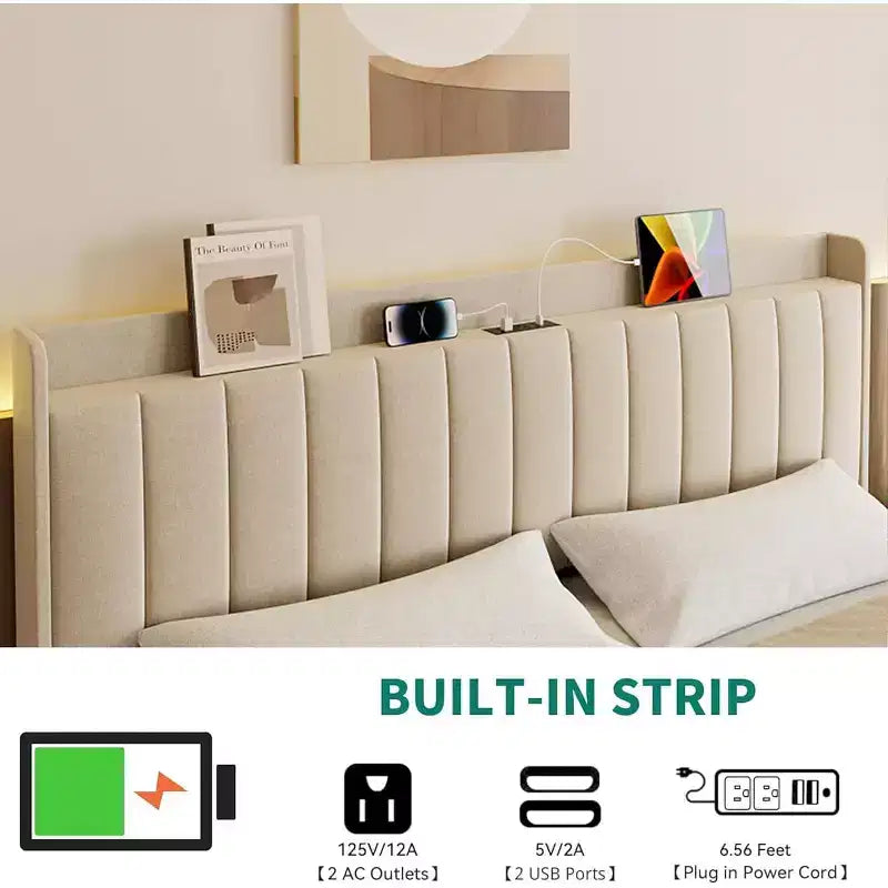 Floating Bed Frame with Storage Headboard, LED Lights, USB Charging Station, Solid Wood Slats, Beige, Noise-Free