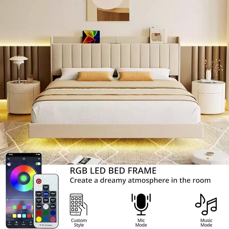 Floating Bed Frame with Storage Headboard, LED Lights, USB Charging Station, Solid Wood Slats, Beige, Noise-Free