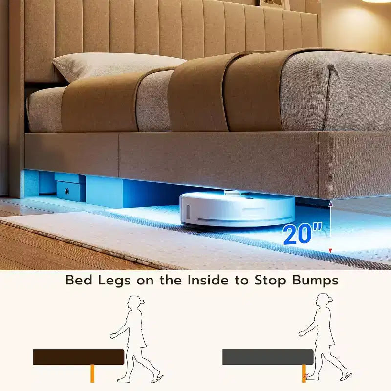 Floating Bed Frame with Storage Headboard, LED Lights, USB Charging Station, Solid Wood Slats, Beige, Noise-Free