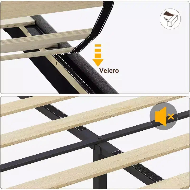 Floating Bed Frame with Storage Headboard, LED Lights, USB Charging Station, Solid Wood Slats, Beige, Noise-Free
