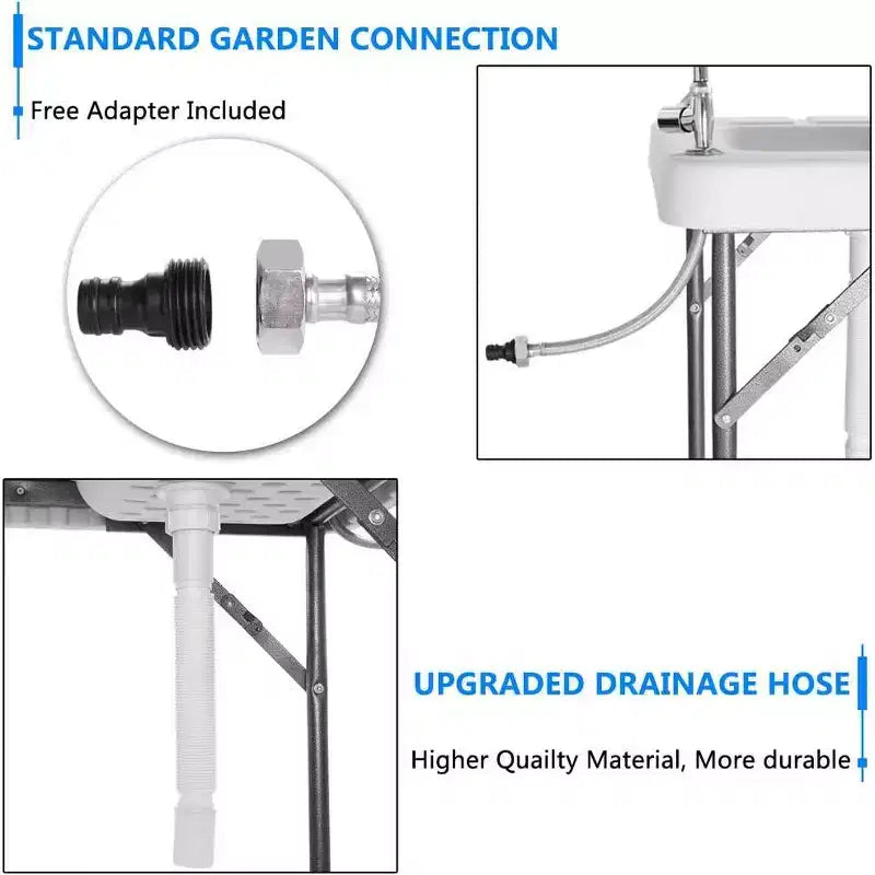 Outdoor Folding Fish and Game Cleaning Table, Portable & Durable, Standard Garden Connection, Upgraded Drainage Hose, White