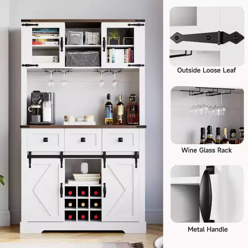 Farmhouse Coffee Bar Cabinet, 72 Tall Kitchen Hutch with 2 Sliding Barn Doors, 3 Drawers, Wine & Glass Rack, Pantry Storage Cabinets for Dining Room