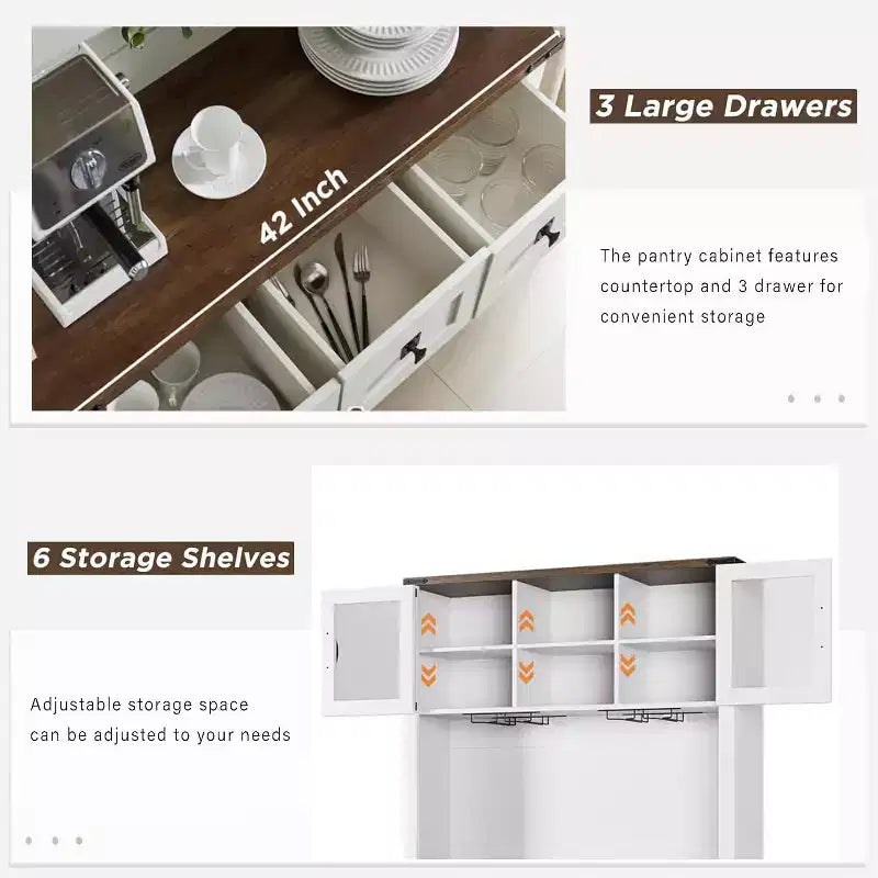 Farmhouse Coffee Bar Cabinet, 72 Tall Kitchen Hutch with 2 Sliding Barn Doors, 3 Drawers, Wine & Glass Rack, Pantry Storage Cabinets for Dining Room