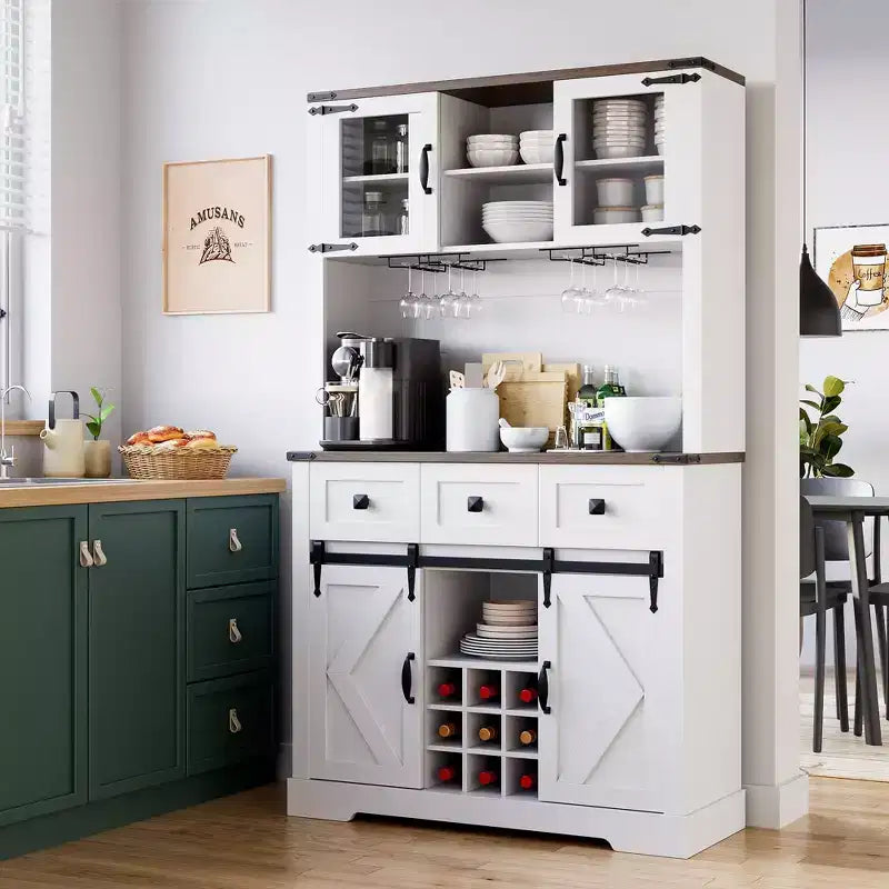 Farmhouse Coffee Bar Cabinet, 72 Tall Kitchen Hutch with 2 Sliding Barn Doors, 3 Drawers, Wine & Glass Rack, Pantry Storage Cabinets for Dining Room