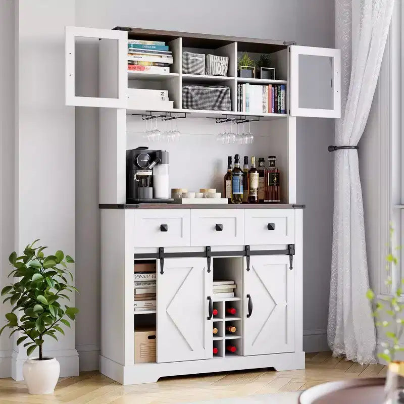 Farmhouse Coffee Bar Cabinet, 72 Tall Kitchen Hutch with 2 Sliding Barn Doors, 3 Drawers, Wine & Glass Rack, Pantry Storage Cabinets for Dining Room