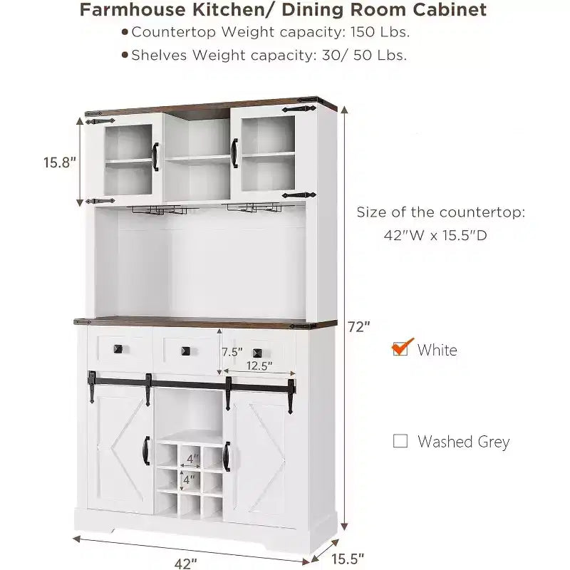 Farmhouse Coffee Bar Cabinet, 72 Tall Kitchen Hutch with 2 Sliding Barn Doors, 3 Drawers, Wine & Glass Rack, Pantry Storage Cabinets for Dining Room