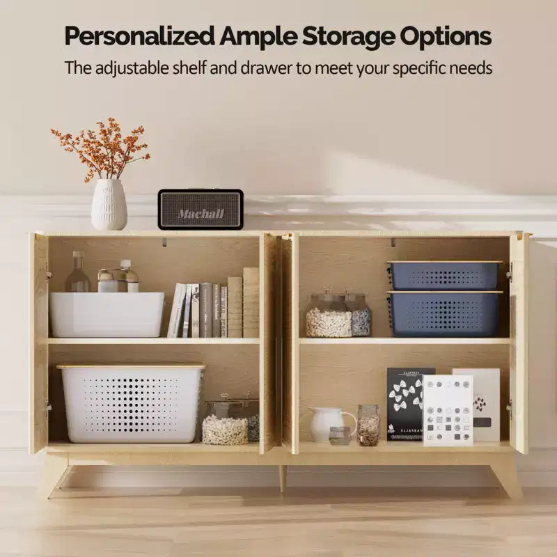 Fluted Sideboard Buffet Cabinet with Storage, Doors and Adjustable Shelves, Natural Oak