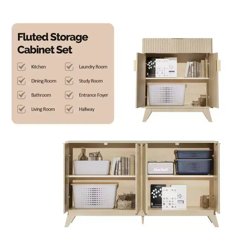 Fluted Sideboard Buffet Cabinet with Storage, Doors and Adjustable Shelves, Natural Oak