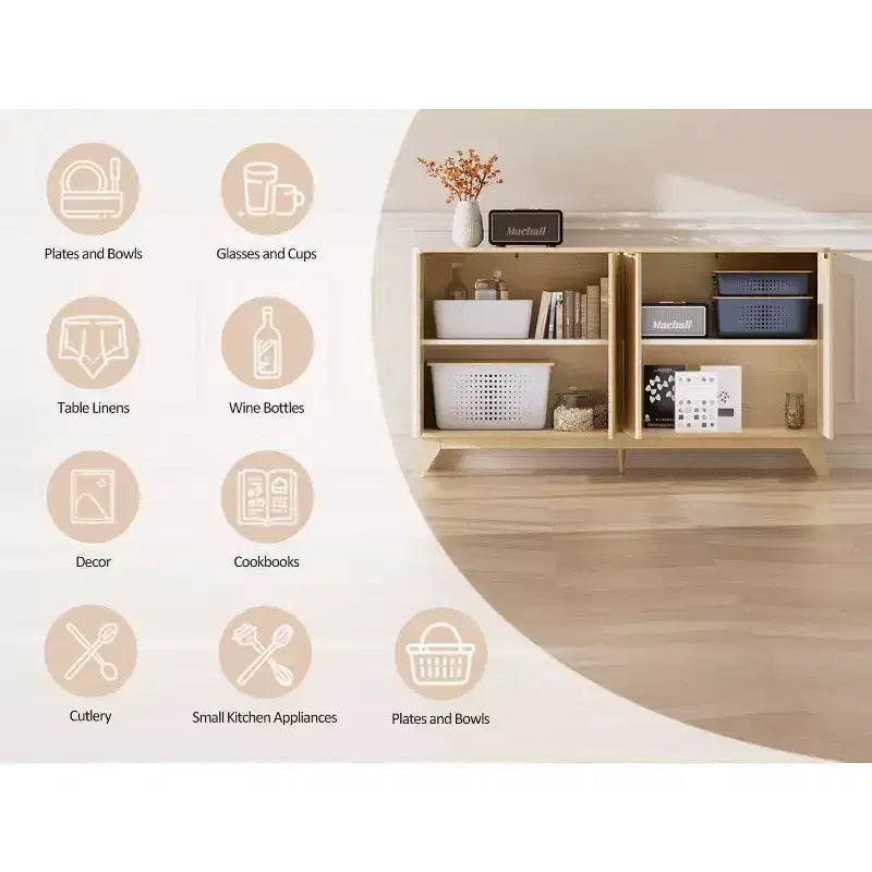 Fluted Sideboard Buffet Cabinet with Storage, Doors and Adjustable Shelves, Natural Oak