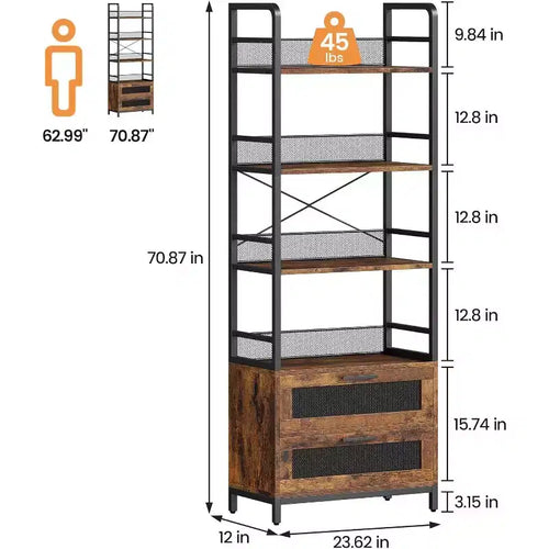 Étagère industrielle de 70,9 pouces avec tiroirs, Bibliothèque rustique à 4 niveaux pour salon, chambre, bureau, marron