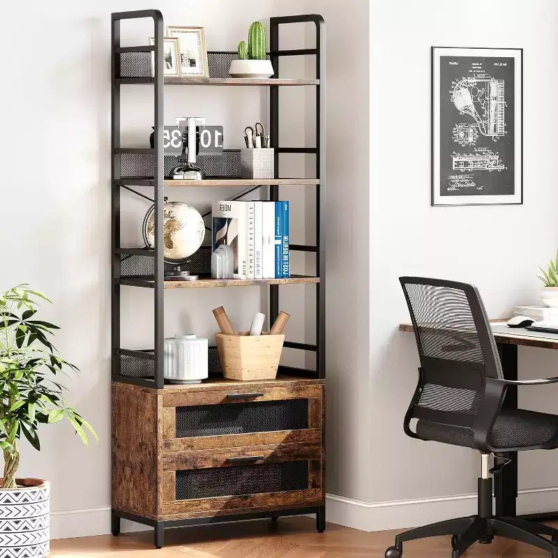70.9" Industrial Bookshelf with Drawers, 4-Tier Rustic Bookcase for Living Room, Bedroom, Home Office, Brown