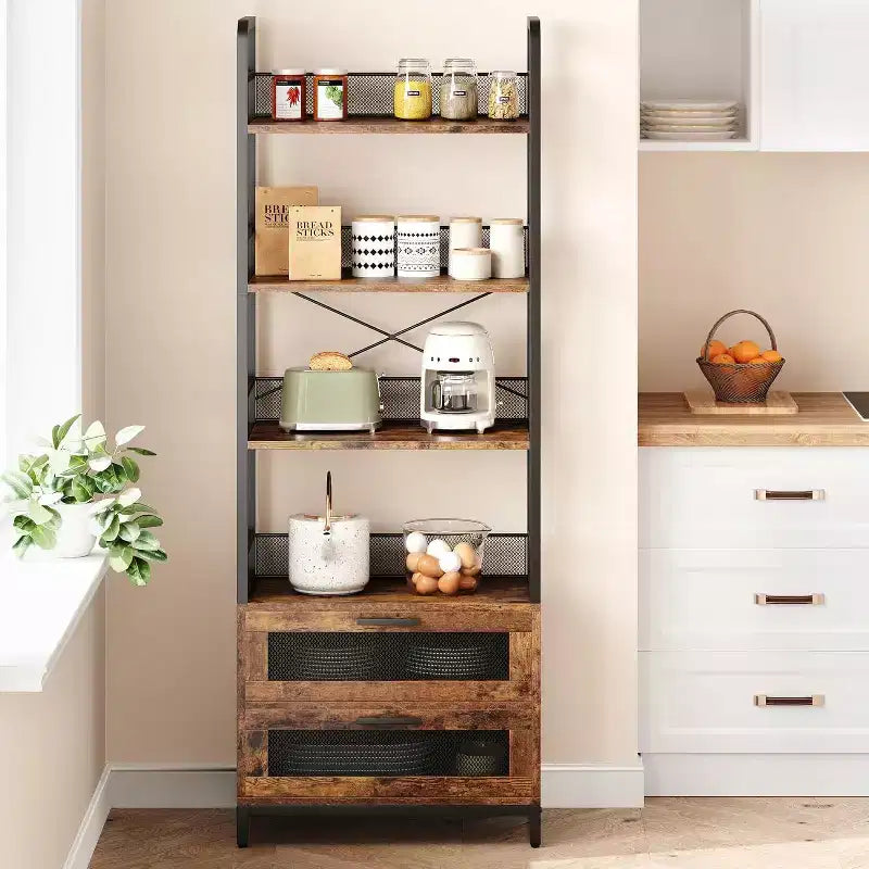 70.9" Industrial Bookshelf with Drawers, 4-Tier Rustic Bookcase for Living Room, Bedroom, Home Office, Brown