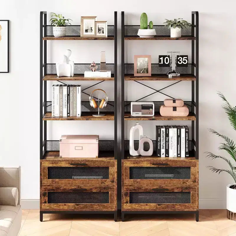 70.9" Industrial Bookshelf with Drawers, 4-Tier Rustic Bookcase for Living Room, Bedroom, Home Office, Brown
