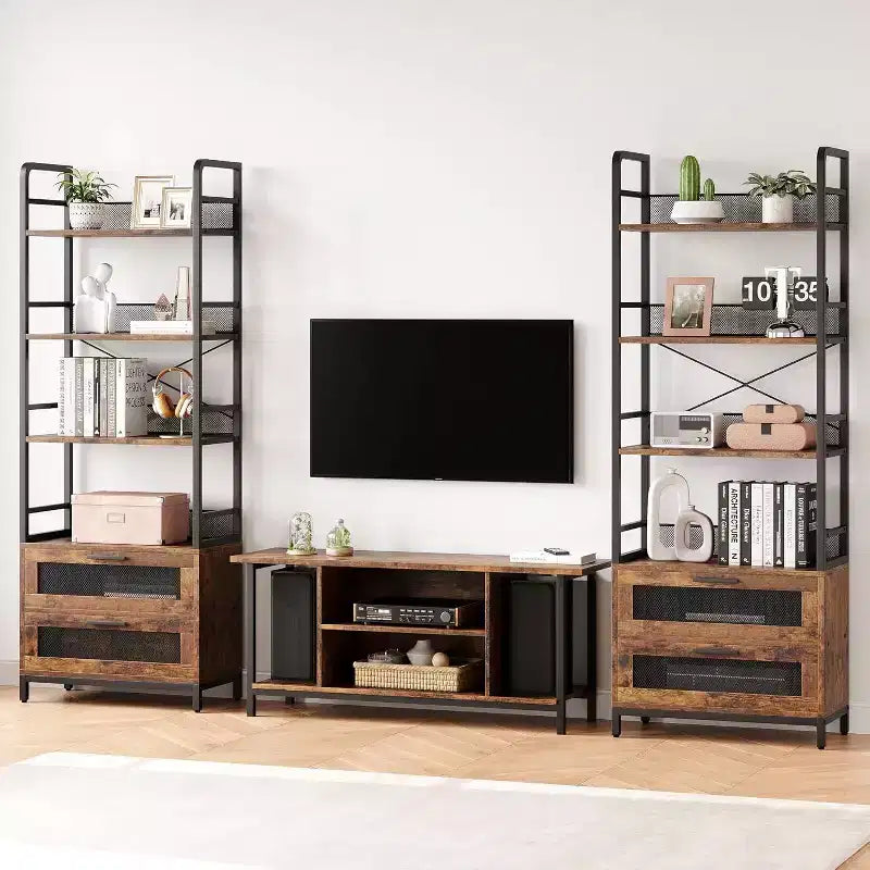 70.9" Industrial Bookshelf with Drawers, 4-Tier Rustic Bookcase for Living Room, Bedroom, Home Office, Brown