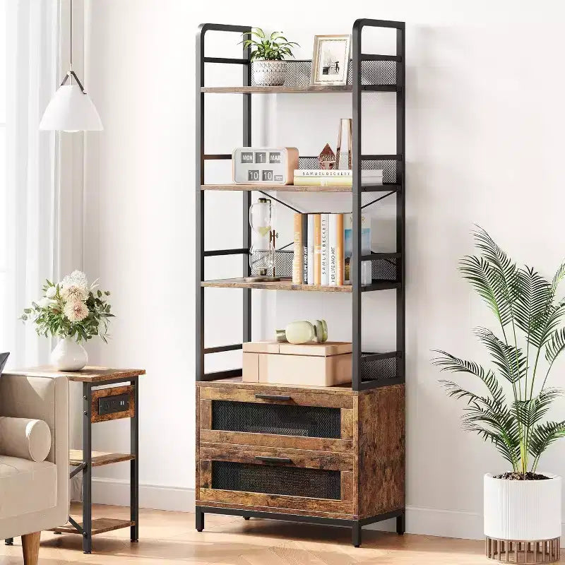 70.9" Industrial Bookshelf with Drawers, 4-Tier Rustic Bookcase for Living Room, Bedroom, Home Office, Brown
