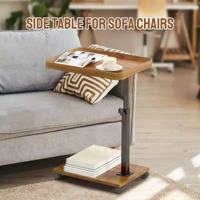 C-Shaped Side Table, Small Couch End Table with Adjustable Height and Swivel Top, TV Tray Desk with Wheels for Living Room, Bedroom