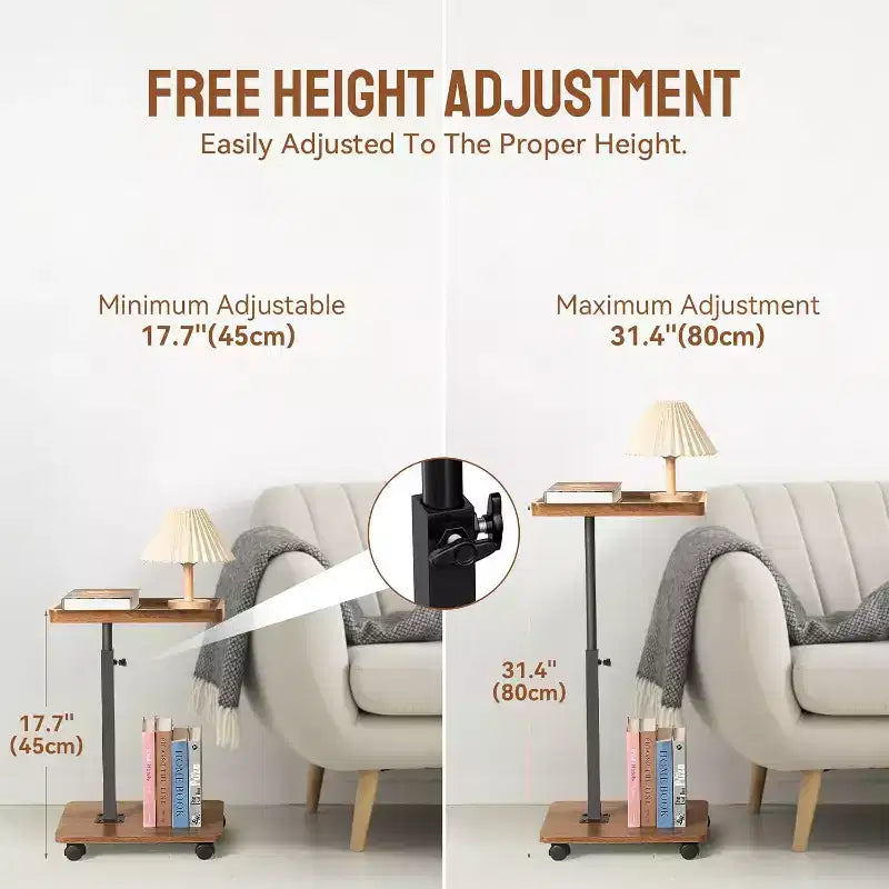 C-Shaped Side Table, Small Couch End Table with Adjustable Height and Swivel Top, TV Tray Desk with Wheels for Living Room, Bedroom