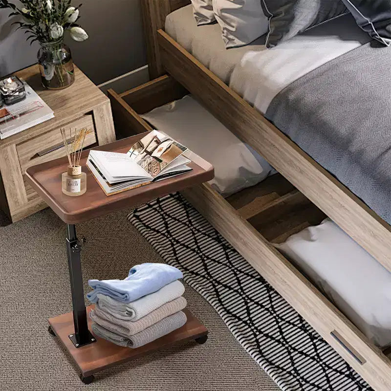 C-Shaped Side Table, Small Couch End Table with Adjustable Height and Swivel Top, TV Tray Desk with Wheels for Living Room, Bedroom