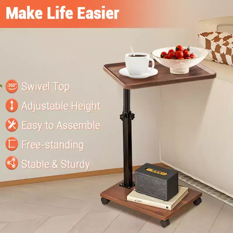 C-Shaped Side Table, Small Couch End Table with Adjustable Height and Swivel Top, TV Tray Desk with Wheels for Living Room, Bedroom