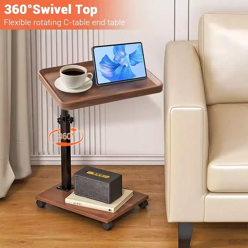 C-Shaped Side Table, Small Couch End Table with Adjustable Height and Swivel Top, TV Tray Desk with Wheels for Living Room, Bedroom