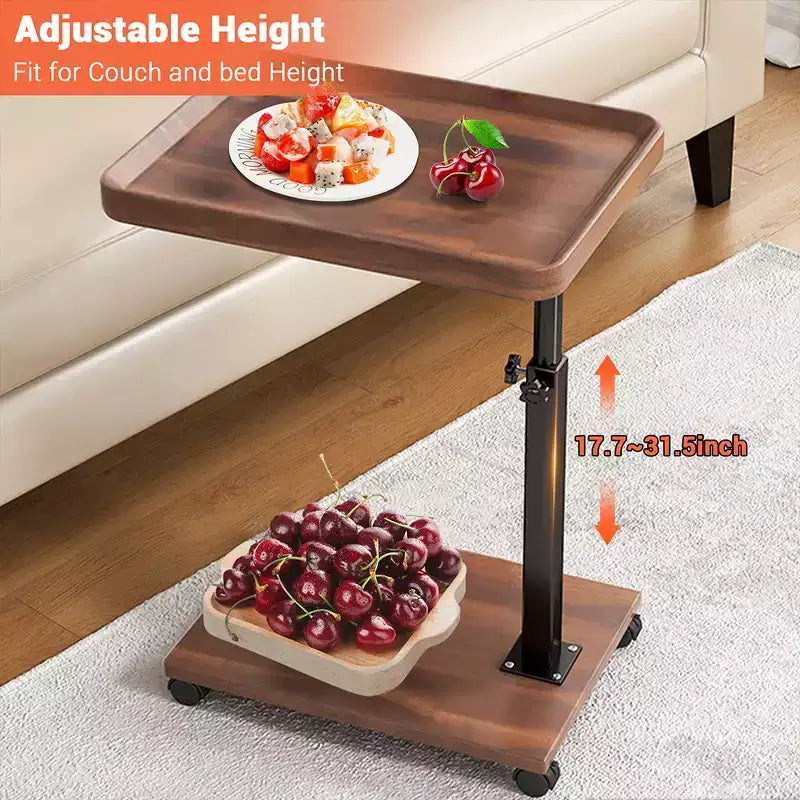 C-Shaped Side Table, Small Couch End Table with Adjustable Height and Swivel Top, TV Tray Desk with Wheels for Living Room, Bedroom