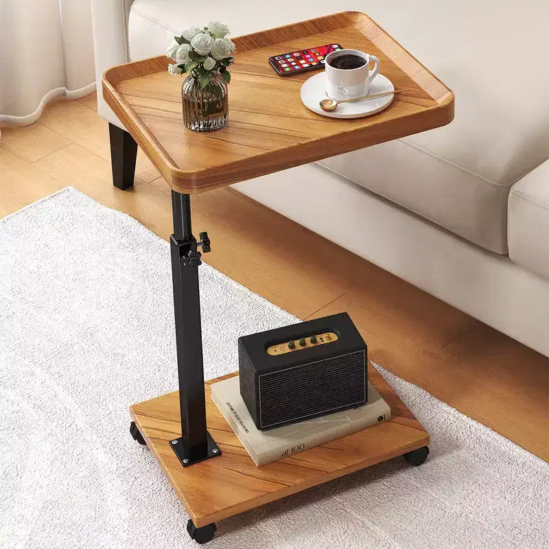 C-Shaped Side Table, Small Couch End Table with Adjustable Height and Swivel Top, TV Tray Desk with Wheels for Living Room, Bedroom