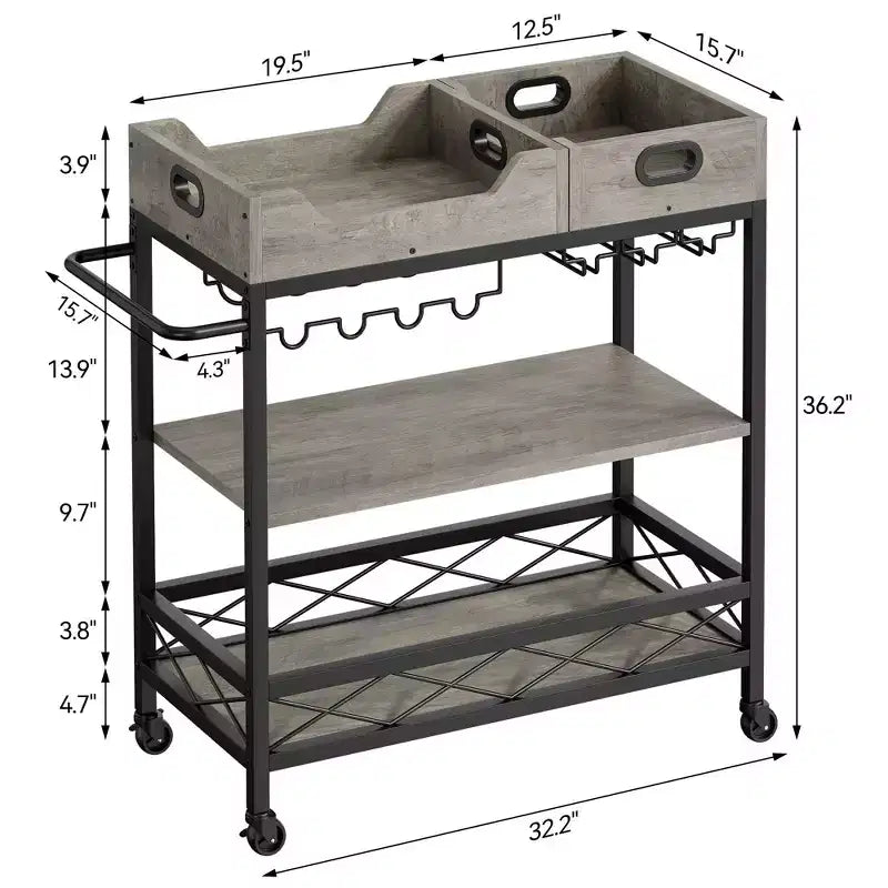Bar Cart for Home, 3-Tier Rolling Cart with Removable Tray, Brown Gray Metal Frame, Serving Storage Shelves for Kitchen Dining