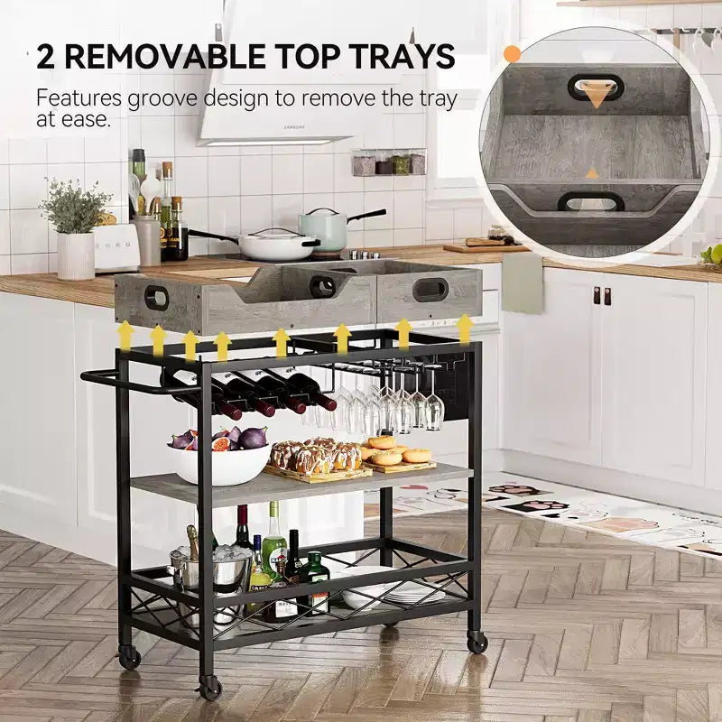 Bar Cart for Home, 3-Tier Rolling Cart with Removable Tray, Brown Gray Metal Frame, Serving Storage Shelves for Kitchen Dining