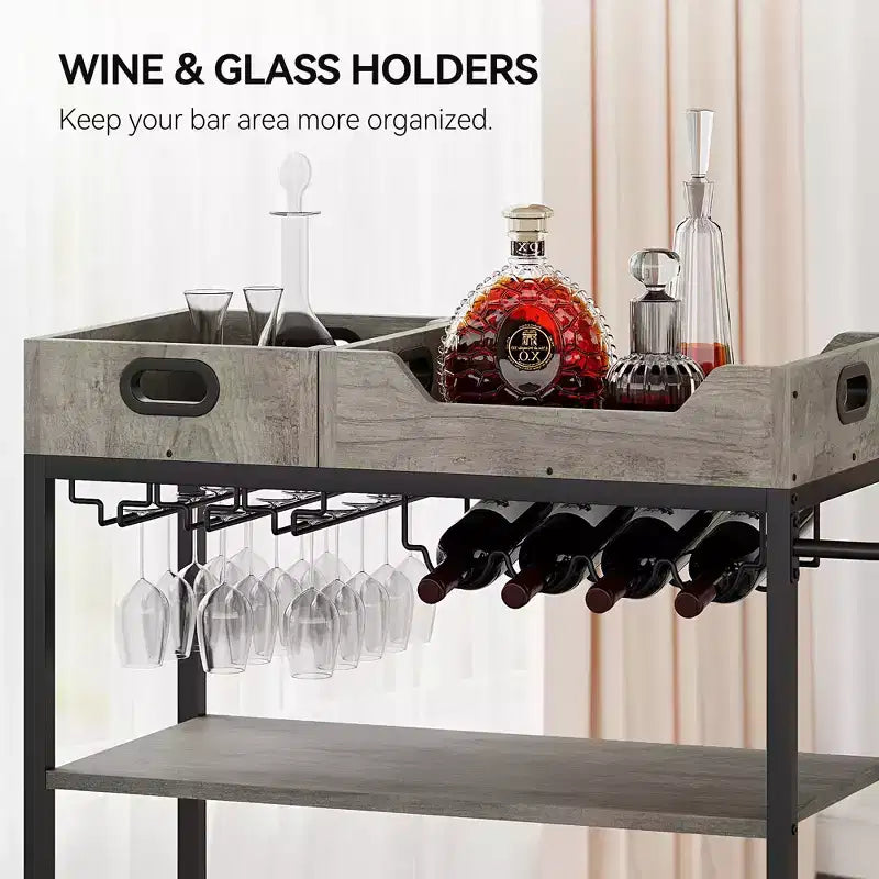 Bar Cart for Home, 3-Tier Rolling Cart with Removable Tray, Brown Gray Metal Frame, Serving Storage Shelves for Kitchen Dining
