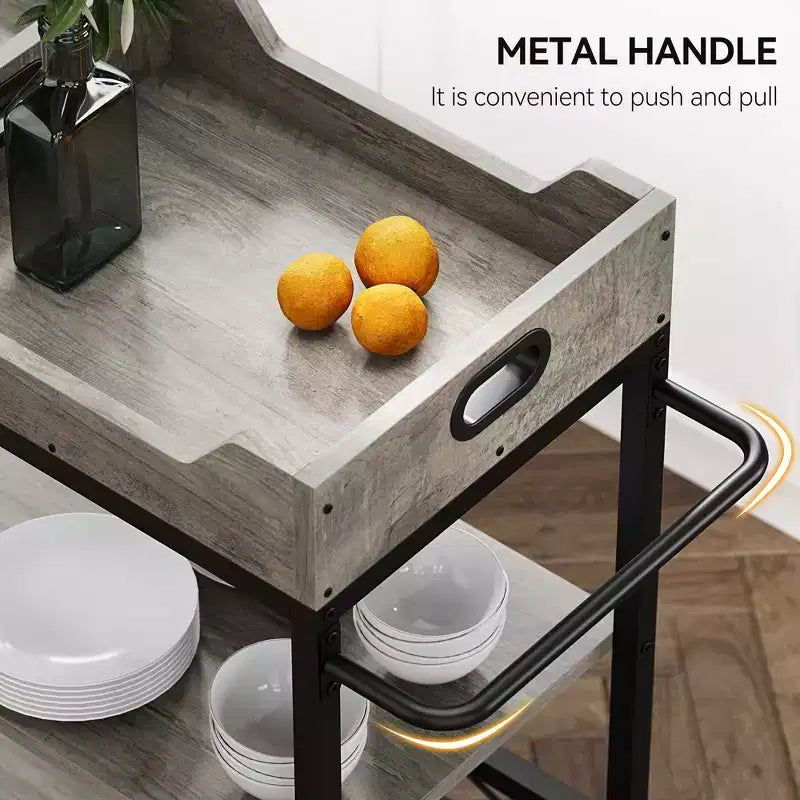 Bar Cart for Home, 3-Tier Rolling Cart with Removable Tray, Brown Gray Metal Frame, Serving Storage Shelves for Kitchen Dining