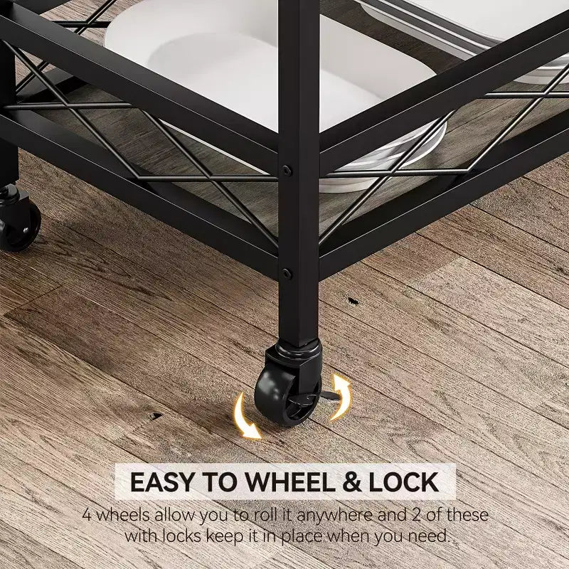 Bar Cart for Home, 3-Tier Rolling Cart with Removable Tray, Brown Gray Metal Frame, Serving Storage Shelves for Kitchen Dining