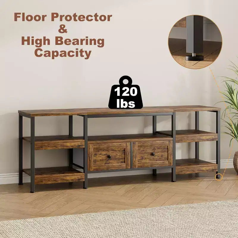 Industrial Style 63 TV Stand - Entertainment Center Holds 65 Screens w/2 Drawers, Open Shelves & Metal Frame
