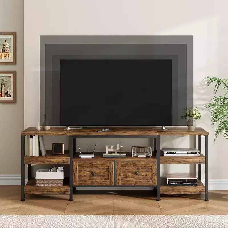 Industrial Style 63 TV Stand - Entertainment Center Holds 65 Screens w/2 Drawers, Open Shelves & Metal Frame