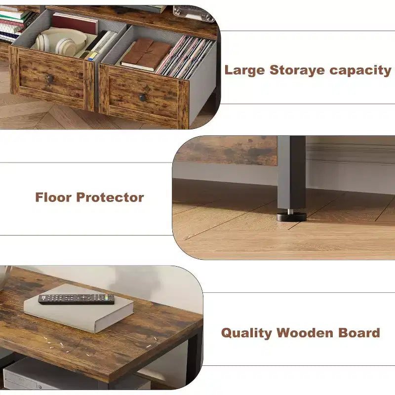 Industrial Style 63 TV Stand - Entertainment Center Holds 65 Screens w/2 Drawers, Open Shelves & Metal Frame