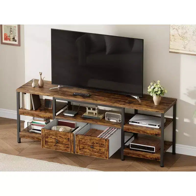 Industrial Style 63 TV Stand - Entertainment Center Holds 65 Screens w/2 Drawers, Open Shelves & Metal Frame