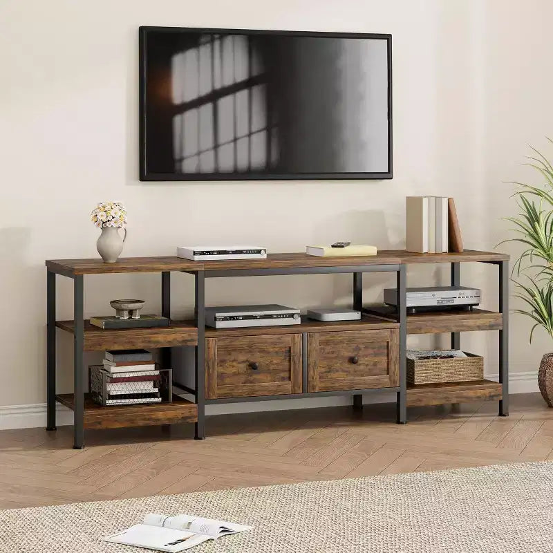 Industrial Style 63 TV Stand - Entertainment Center Holds 65 Screens w/2 Drawers, Open Shelves & Metal Frame