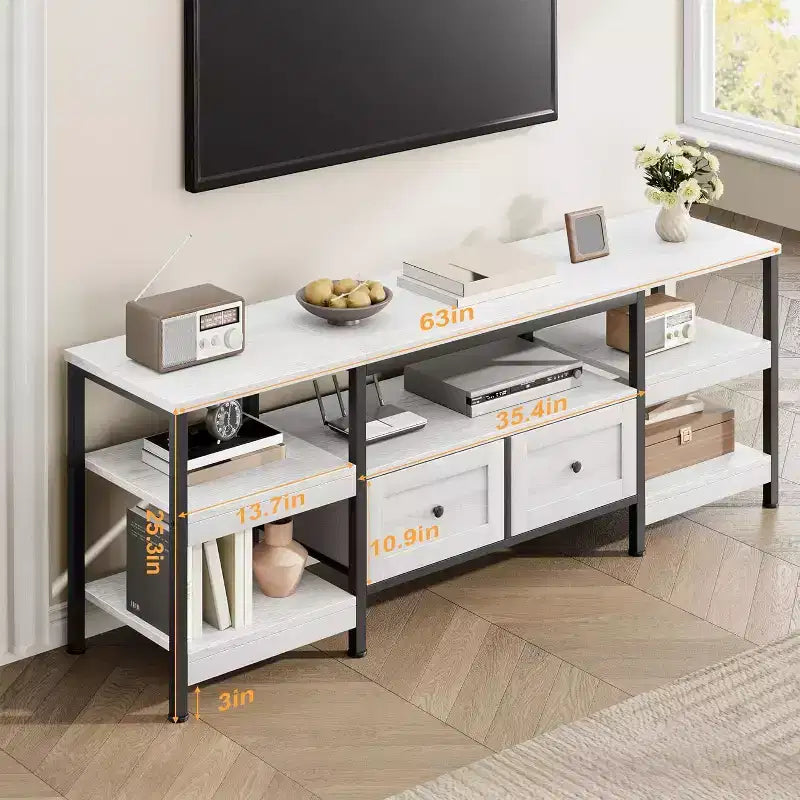 Industrial Style 63 TV Stand - Entertainment Center Holds 65 Screens w/2 Drawers, Open Shelves & Metal Frame