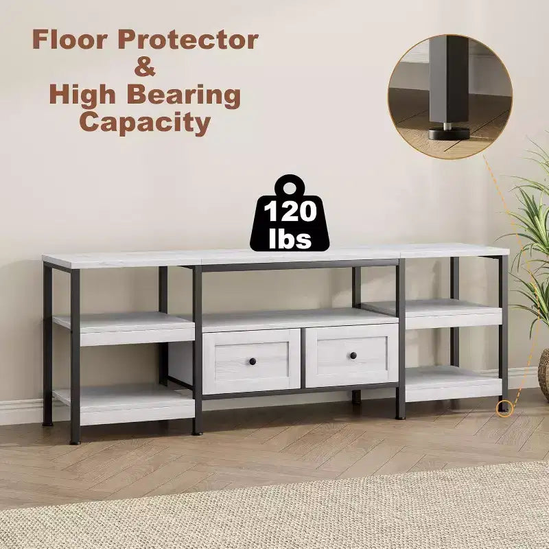 Industrial Style 63 TV Stand - Entertainment Center Holds 65 Screens w/2 Drawers, Open Shelves & Metal Frame