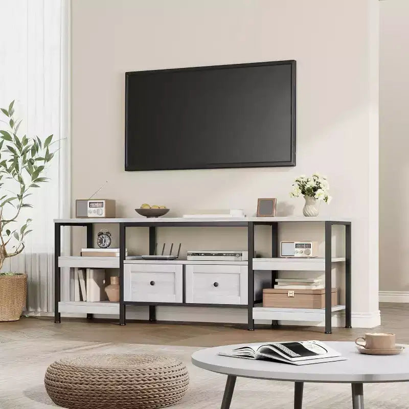 Industrial Style 63 TV Stand - Entertainment Center Holds 65 Screens w/2 Drawers, Open Shelves & Metal Frame