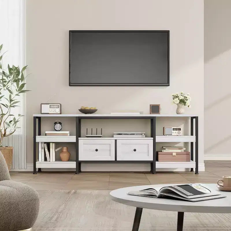 Industrial Style 63 TV Stand - Entertainment Center Holds 65 Screens w/2 Drawers, Open Shelves & Metal Frame