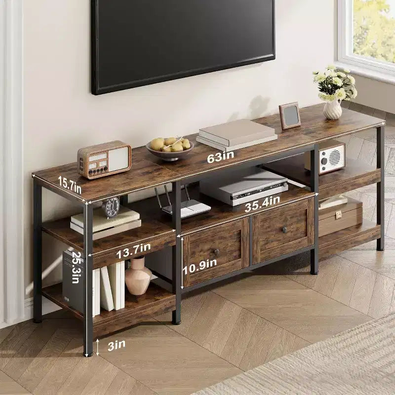 Industrial Style 63 TV Stand - Entertainment Center Holds 65 Screens w/2 Drawers, Open Shelves & Metal Frame