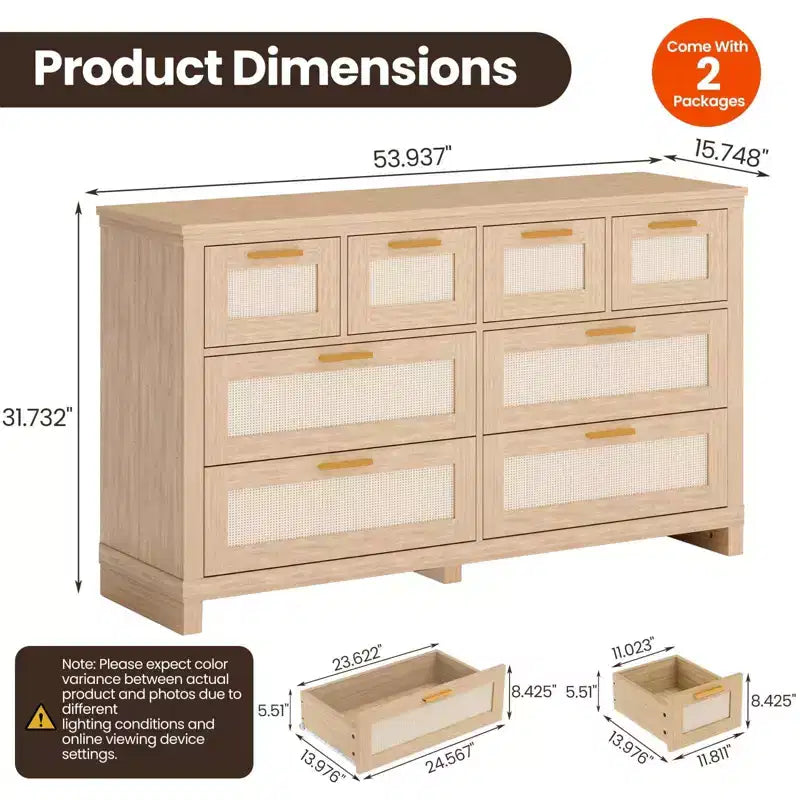 Dresser with 8 Drawers, Boho Modern Wooden Chest C Space-Saving Storage for Bedroom, Rattan & Lacquered Finish