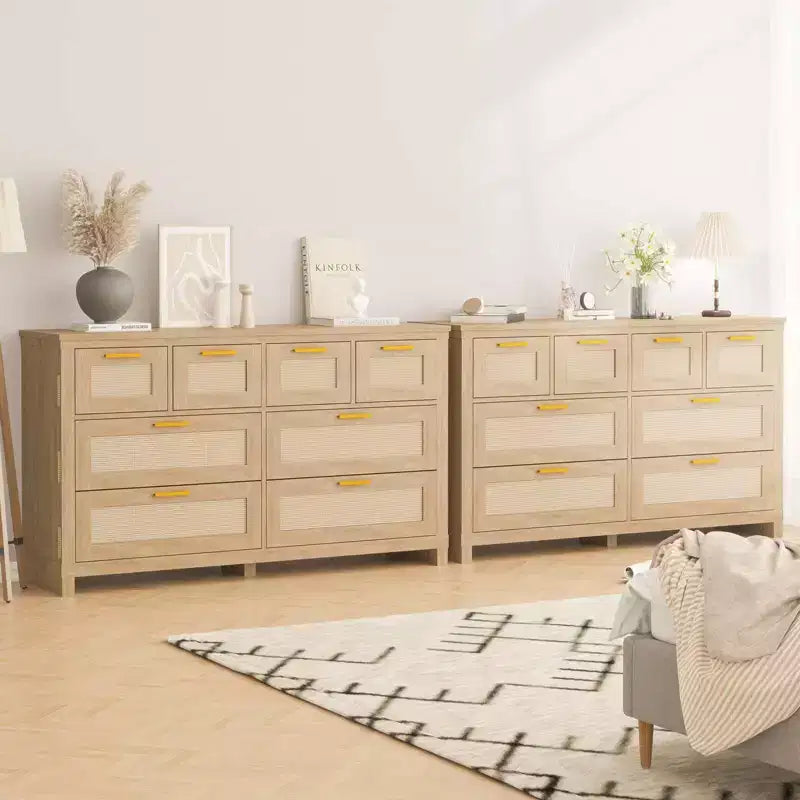 Dresser with 8 Drawers, Boho Modern Wooden Chest C Space-Saving Storage for Bedroom, Rattan & Lacquered Finish