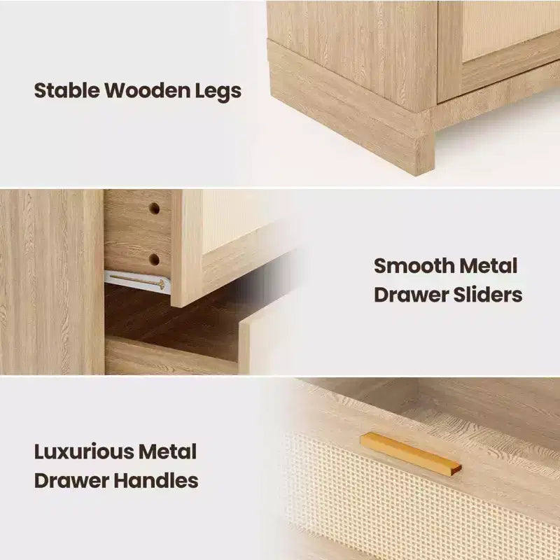 Dresser with 8 Drawers, Boho Modern Wooden Chest C Space-Saving Storage for Bedroom, Rattan & Lacquered Finish