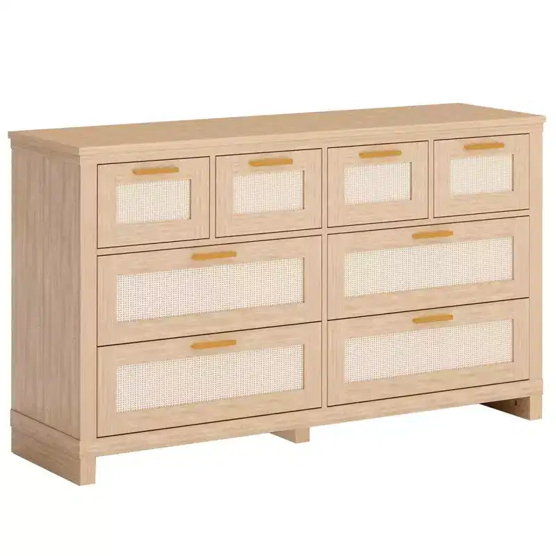 Dresser with 8 Drawers, Boho Modern Wooden Chest C Space-Saving Storage for Bedroom, Rattan & Lacquered Finish