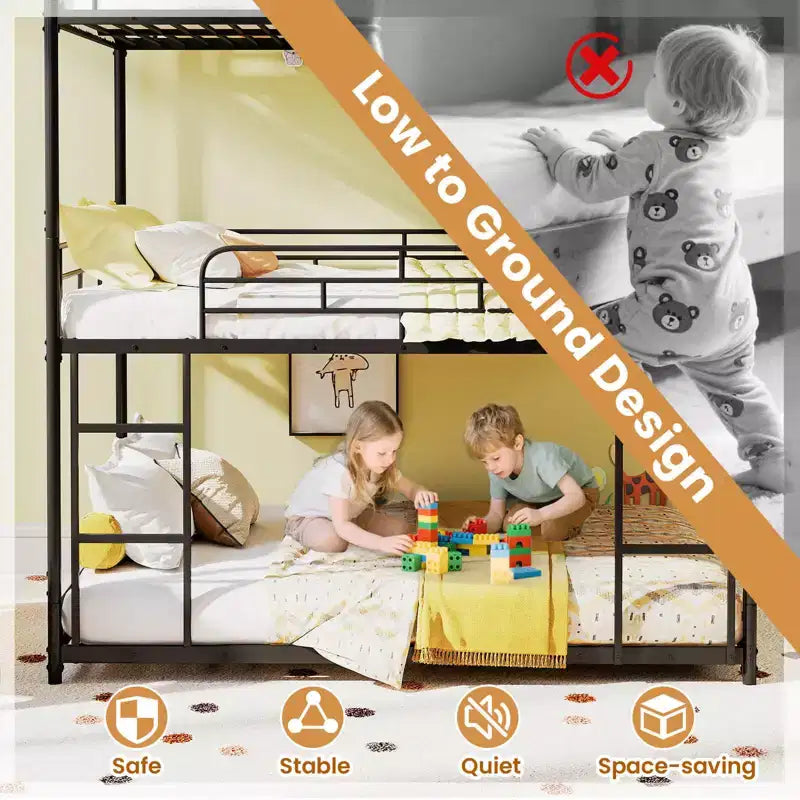 Full Over Full Over Full Metal Bed Frame, Heavy-Duty Triple Bunk Bed with Dual Ladders
